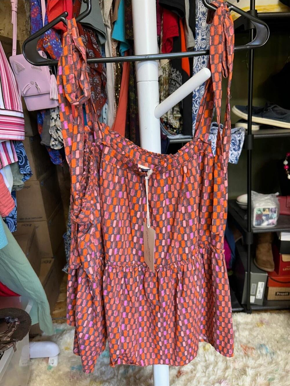 Universal Thread Orange & Pink Geo Print Tie-Shoulder Blouse Size XXL NWT